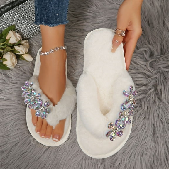 Viluyesy Womens Fuzzy Flip-Flops, Floral Rhinestone Open Toe Cozy Soft Sole Home Outdoor Slip-on Shoes White