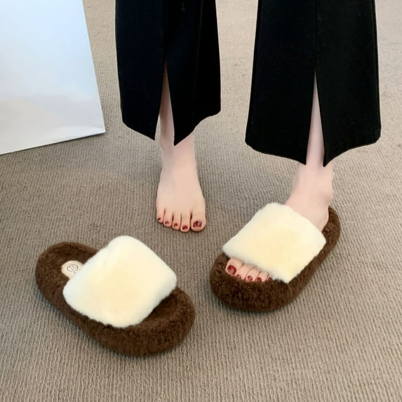 Viluyesy Womens Fuzzy Platform Slippers, Memory Foam Soft Warm Open Toe Fall Winter Slide House Slipper Beige