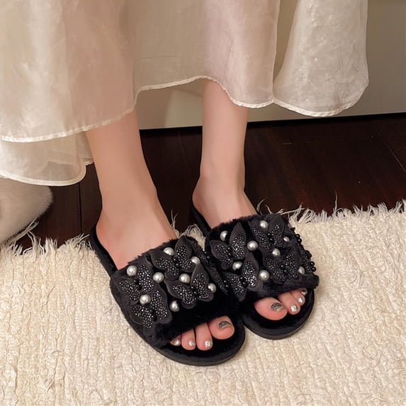 Viluyesy Womens Fuzzy Slide Slippers, Open Toe Fashion Pearls Soft Warm Memory Foam Slip On House Slipper Black