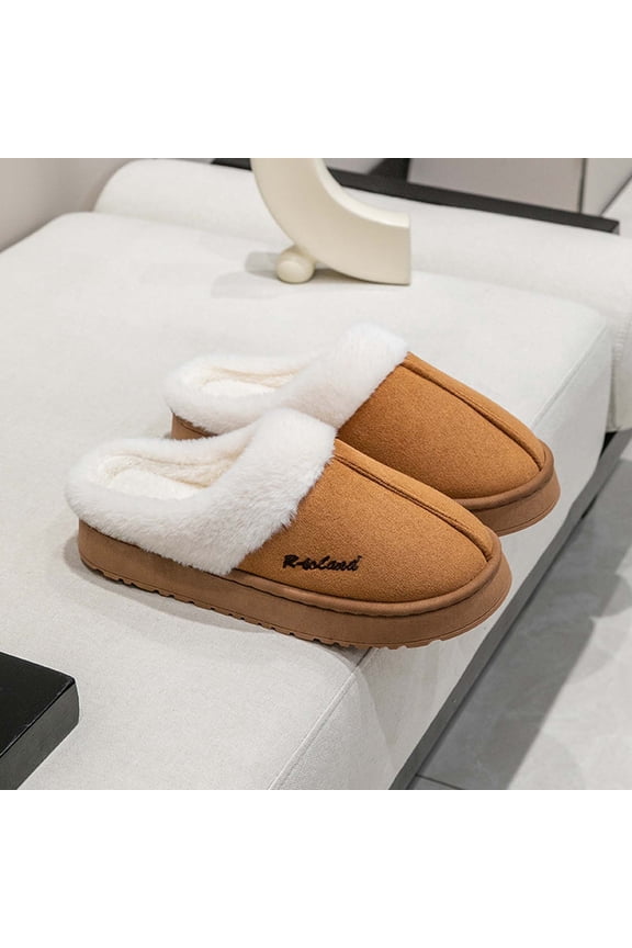 Womens Fuzzy Slippers, Closed Toe Soft Sole Cozy Suede Winter Warm House Platform Slippers Khaki