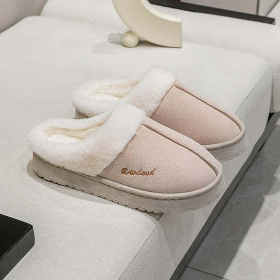 Viluyesy Womens Fuzzy Slippers, Cozy Suede Soft Sole Closed Toe Winter Warm House Platform Slippers Beige