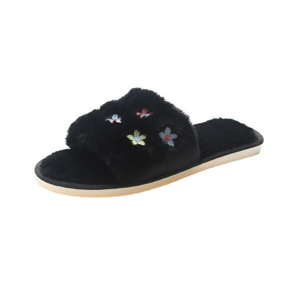 Viluyesy Womens Fuzzy Slippers, Open Toe Floral Embroidery Plush Lined Soft Sole Slip-On Indoor Outdoor Shoes Black