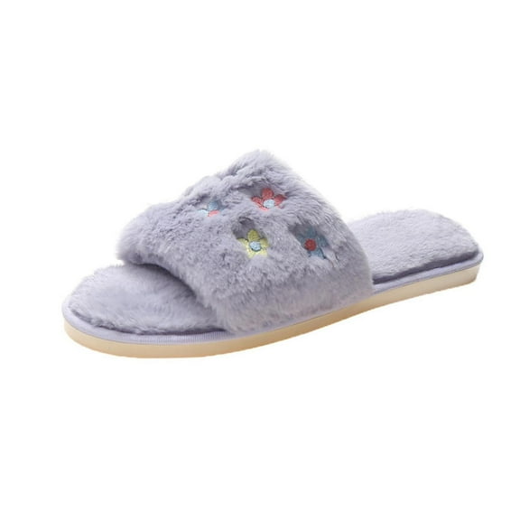 Viluyesy Womens Fuzzy Slippers, Plush Lined Soft Sole Floral Embroidery Open Toe Slip-On Indoor Outdoor Shoes Purple