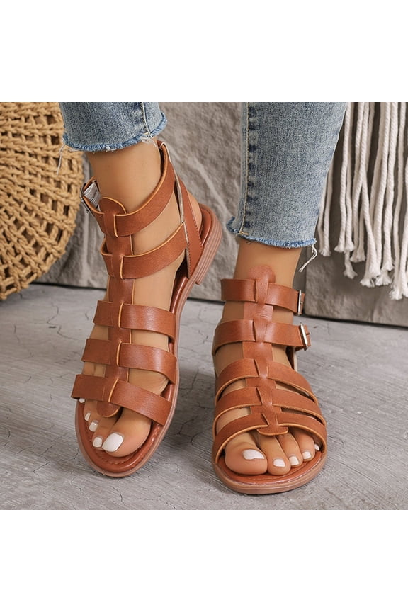 Womens Gladiator Sandals, Ankle Buckle Open Toe Soft Sole Wide Width Summer Shoes Brown
