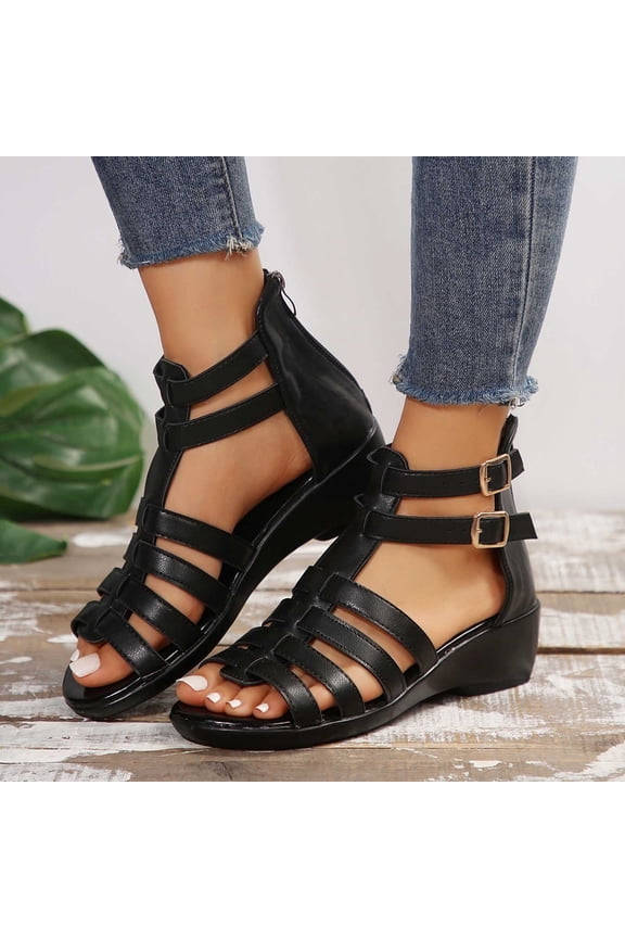 Womens Gladiator Sandals, Back Zipper Open Toe Comfort Summer Roman Wedge Shoes Black