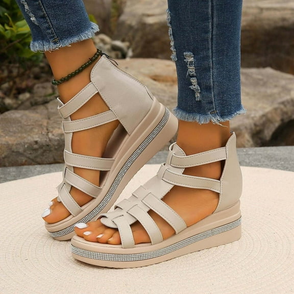 Viluyesy Womens Gladiator Sandals, Breathable Wide Width Soft Sole Summer Wedge Shoes Beige