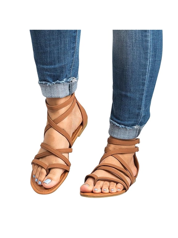 Womens Gladiator Sandals, Open Toe Ankle Strap Wide Width Beach Flip Flop Falt Shoes Brown