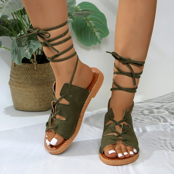 Viluyesy Womens Gladiator Sandals, Solid Color Strappy Open Toe Summer Fashion Beach Flat Shoes Army Green 6.5