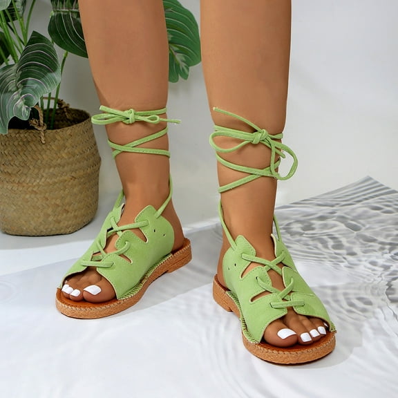 Viluyesy Womens Gladiator Sandals, Strappy Solid Color Open Toe Summer Fashion Beach Flat Shoes Green 6.5