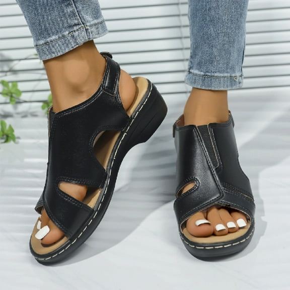 Viluyesy Womens Gladiator Sandals, Wide Width Retro Open Toe Comfort Foam Casual Leather Shoes Black