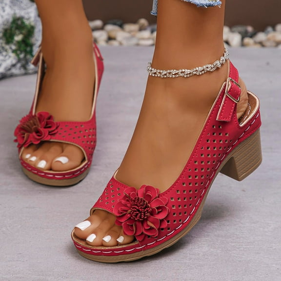 Viluyesy Womens Heeled Sandals, Ankle Buckle Floral Hollow Up Open Toe Summer Casual Roman Shoes Red