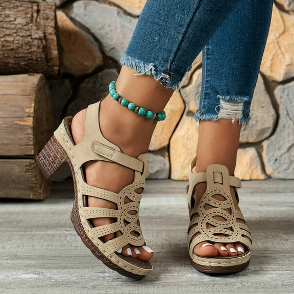 Viluyesy Womens Heeled Sandals, Ankle Strap Chunky Hollow Up Breathable Comfortable Shoes Beige