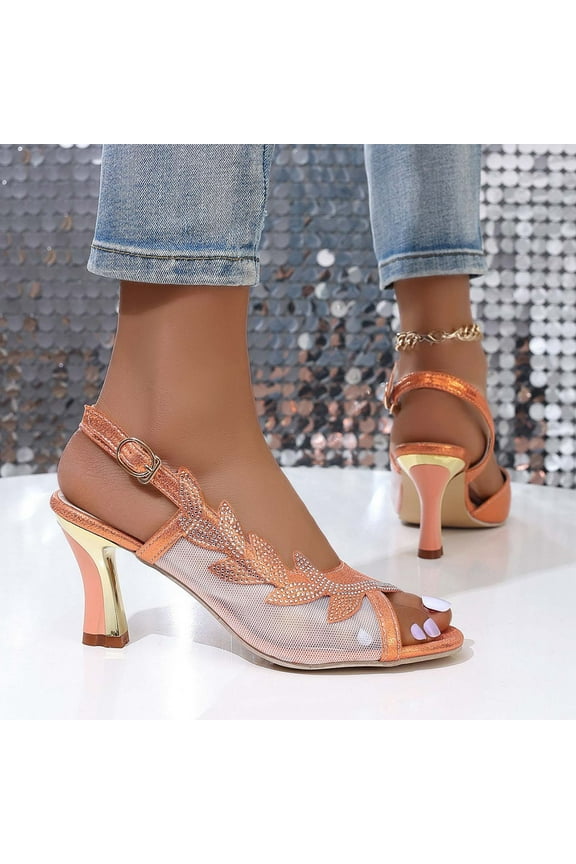 Womens Heeled Sandals, Peep Toe Rhinestone Mesh Slingback Chunky Office Wedding Pumps Shoes Orange