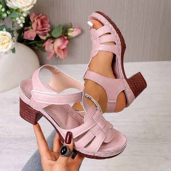 Viluyesy Womens Heels Sandals, Chunky Heels Open Toe Ankle Strap 2026 Casual Fashion Dress Shoes Pink US7