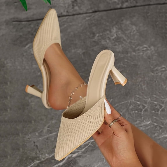 Viluyesy Womens Kitten Heeled Mules, Mesh Pointed Toe Slip-On Fashion Dress Slides Sandals Beige US7.5