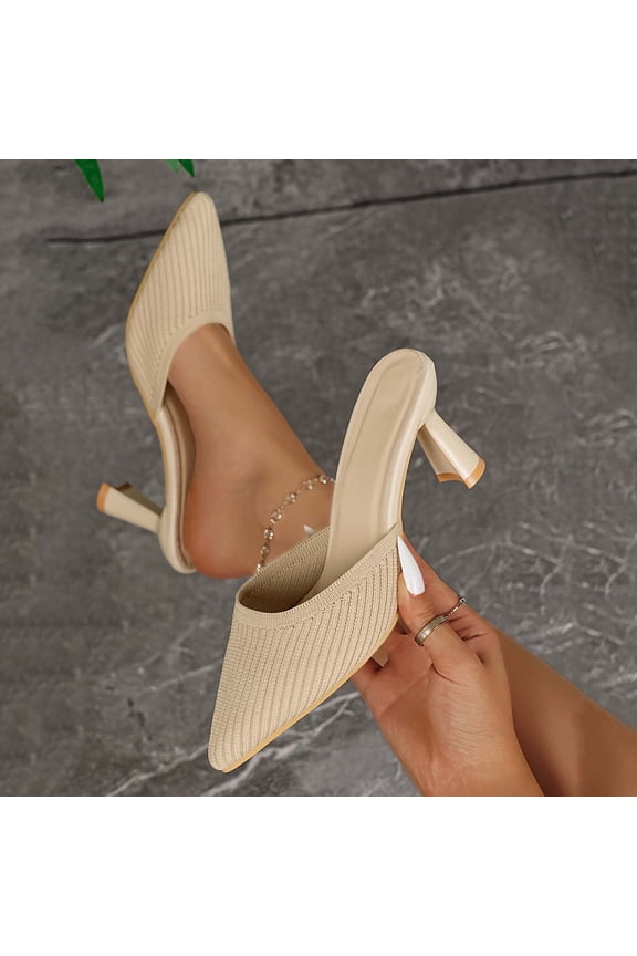 Womens Kitten Heeled Mules, Mesh Pointed Toe Slip-On Fashion Dress Slides Sandals Beige US7.5