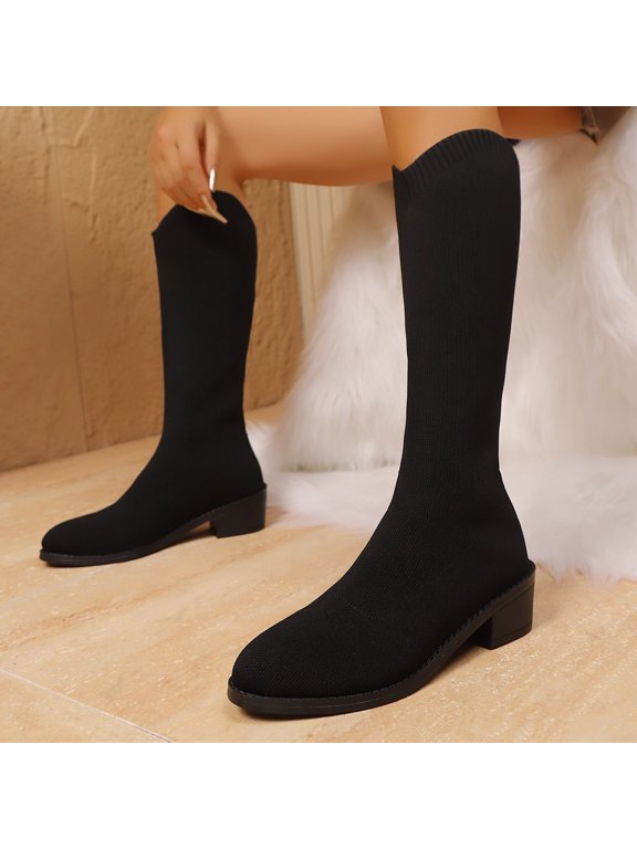 Womens Knee High Boots, Chunky Heels Fall Winter Round Toe Pull-On Knitted Sock Tall Boots Black US6