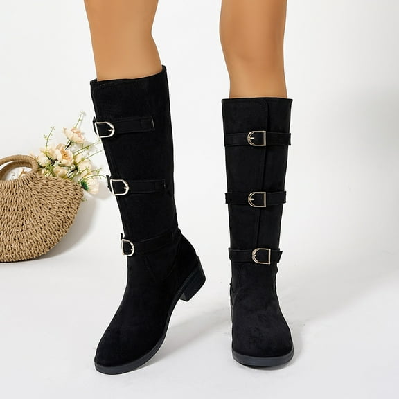 Viluyesy Womens Knee High Boots, Chunky Heels Fashion Belt Buckle Wide Calf Fall Winter Suede Tall Boots Black