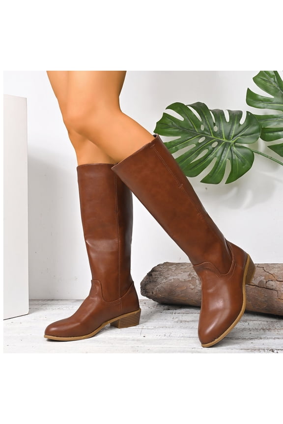 Womens Knee High Boots, Chunky Heels PU Leather Pull-On 2025 Wide Calf Tall Boots Brown US9.5