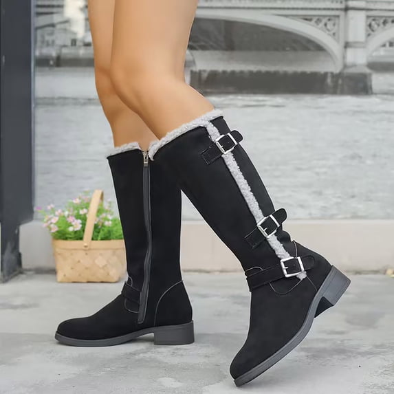Viluyesy Womens Knee High Boots Faux Fur Trim Double Buckle Low Heel Side Zipper Faux Suede Riding Style Comfortable Shoes Black Size 6.5