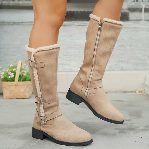 Viluyesy Womens Knee High Boots Faux Fur Trim Double Buckle Low Heel Side Zipper Faux Suede Riding Style Comfortable Shoes Khaki Size 7.5