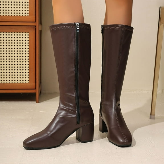 Viluyesy Womens Knee High Boots, Faux PU Leather Chunky Heels Pointed Toe Zipper Classic Dress Tall Boots Brown US7