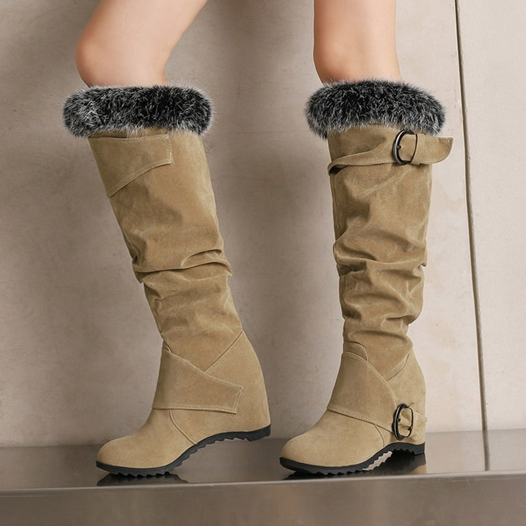 Viluyesy Womens Knee High Boots, Fluffy Wide Calf Suede Leather