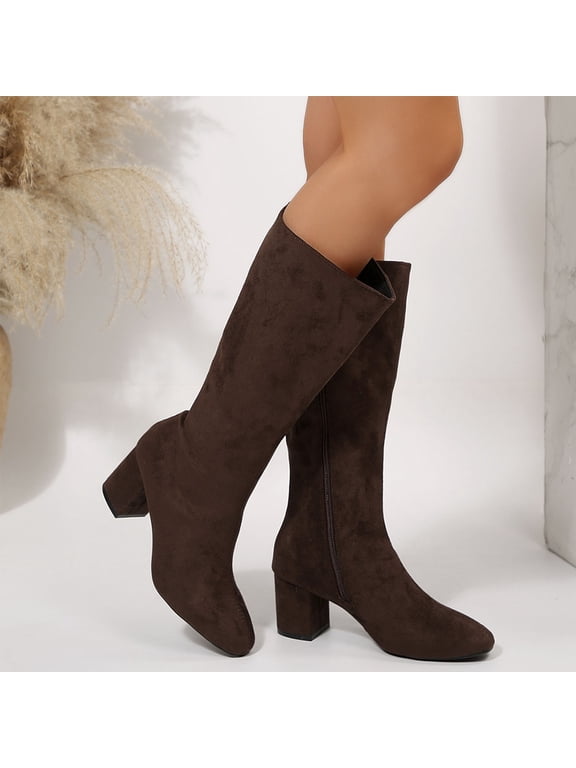 Womens Knee High Boots, High Chunky Heels Pointed Toe Suede Leather Fall Winter Dress Tall Boots Brown US6