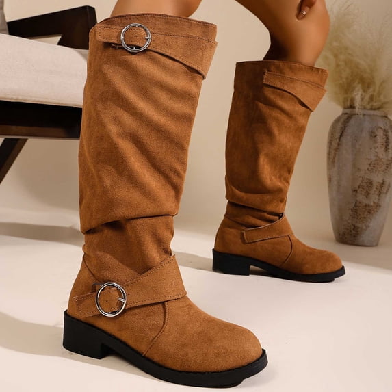 Viluyesy Womens Knee High Boots, Low Heels Wide Calf Faux Suede Leather Comfort Slouchy Tall Boots Brown US6.5