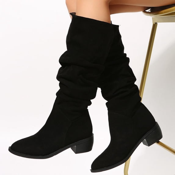 Viluyesy Womens Knee High Boots Pointed Toe Block Heel Faux Suede Slouch Pull On Retro Western Casual Street Boots Black Size US5