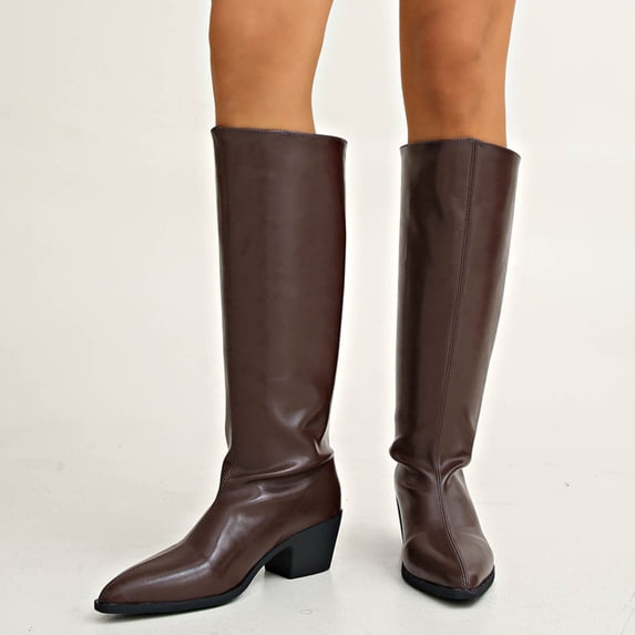 Viluyesy Womens Knee High Boots Pointed Toe Low Block Heel Side Seam Faux Leather Casual Comfortable Shoes Brown Size 5.5