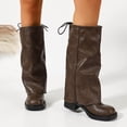 thumbnail image 1 of Viluyesy Womens Knee High Boots Round Toe Block Heel Crinkled Faux Leather Back Drawstring Layered Wide Shaft Trendy Street Boots Khaki Size 9, 1 of 6