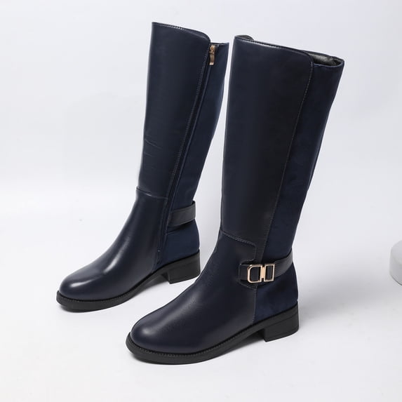 Viluyesy Womens Knee High Boots Round Toe Block Heel Faux Leather Elastic Panel Metal Buckle Side Zipper Riding Casual Boots Blue Size US7