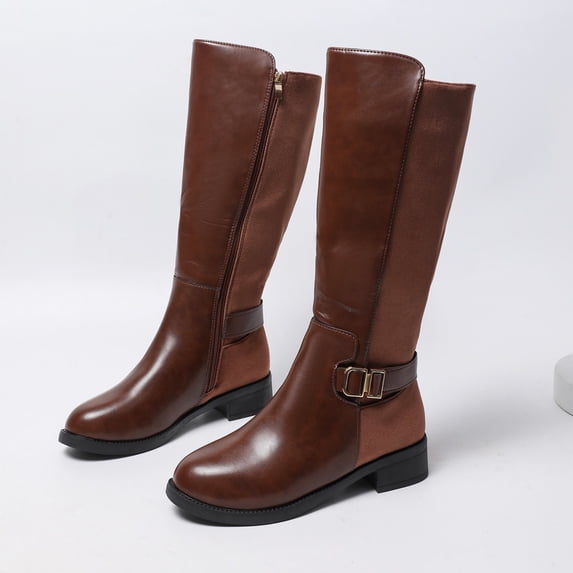 Viluyesy Womens Knee High Boots Round Toe Block Heel Faux Leather Elastic Panel Metal Buckle Side Zipper Riding Casual Boots Brown Size US6