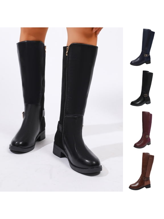 Womens Knee High Boots Round Toe Block Heel Faux Leather Elastic Panel Metal Buckle Side Zipper Riding Casual Boots Wine Size US7