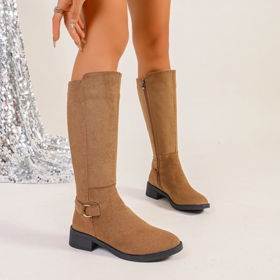Viluyesy Womens Knee High Boots Round Toe Low Block Heel Faux Suede Metal Buckle Side Zipper Slim Fit Daily Office Fashion Boots Brown Size 9