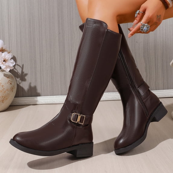 Viluyesy Womens Knee High Boots Round Toe Low Block Heel Glossy Faux Leather Metallic Buckle Side Zipper Versatile Dress Casual Boots Brown Size 7