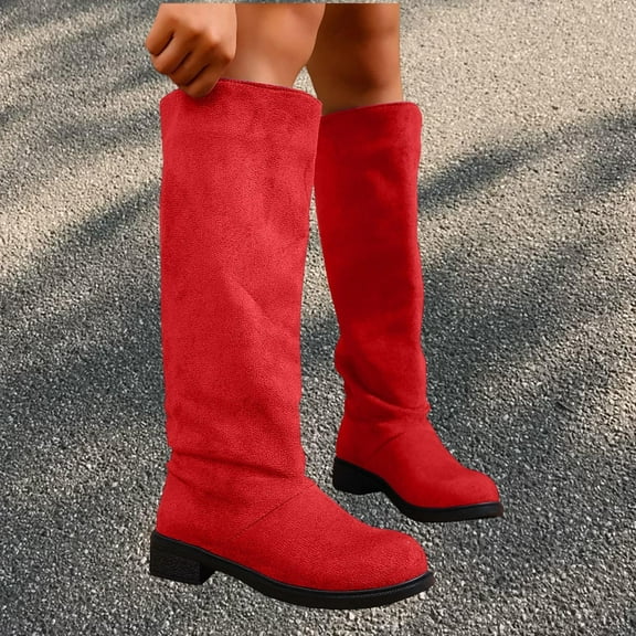 Viluyesy Womens Knee High Boots, Round Toe Wide Calf Pull-On Low Heels Fall Winter Suede Tall Boots Red US7.5