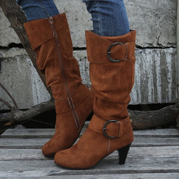 Viluyesy Womens Knee High Boots, Side Zipper Kitten Heel Round Toe Wide Calf Western Cowgirl Boots Brown