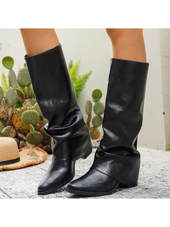 Womens Knee High Boots Square Toe Block Heel Faux Leather Slouch Fold Over Trendy Streetwear Boots Black Size US7.5