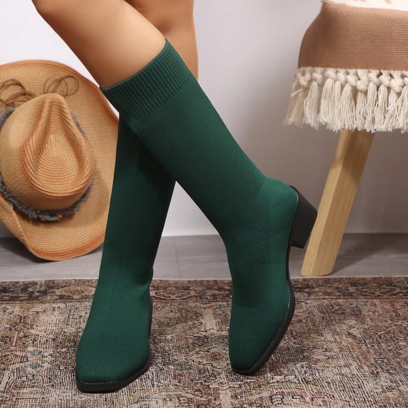 Viluyesy Womens Knee High Boots Square Toe Block Heel Knit Stretch Pull On Slip Resistant Casual Fall Winter Dress Boots Army Green Size US6.5