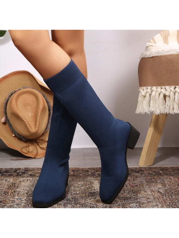 Womens Knee High Boots Square Toe Block Heel Knit Stretch Pull On Slip Resistant Casual Fall Winter Dress Boots Dark Blue Size US7