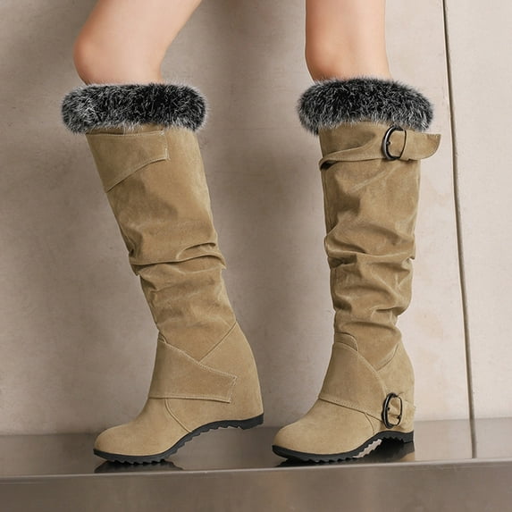 Viluyesy Womens Knee High Boots, Suede Leather Thick Sole Fluffy Wide Calf Fall Winter Fashion Tall Boots Beige