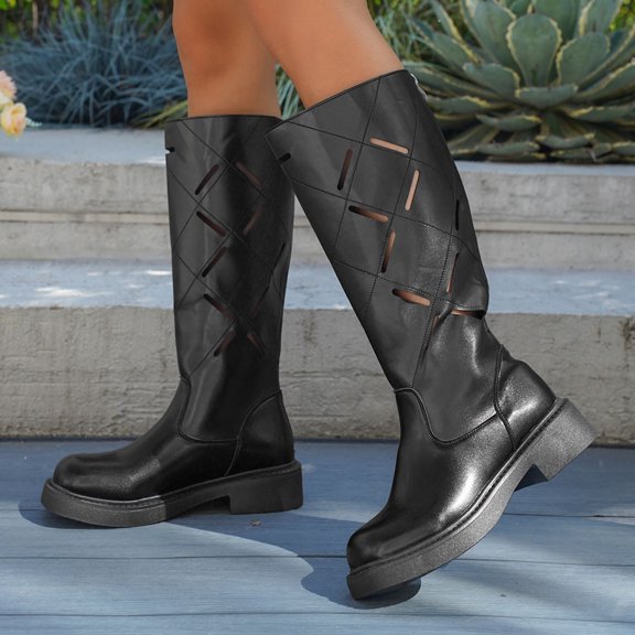 Viluyesy Womens Knee High Boots, Thick Sole Wide Calf Fashion Hollow Out Back Zipper Moto Boots Black