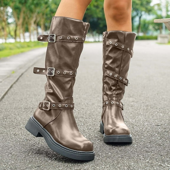 Viluyesy Womens Knee High Boots, Wide Calf Multi-Buckle Low Heels Fashion Tall Moto Boots Coffee US5.5