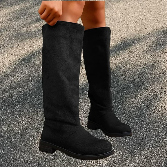 Viluyesy Womens Knee High Boots, Wide Calf Pull-On Round Toe Low Heels Fall Winter Suede Tall Boots Black US9