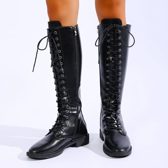 Viluyesy Womens Knee High Combat Boots Round Toe Low Block Heel Faux Leather Lacing Side Zipper Versatile Fashion Boots Black Size 9.5