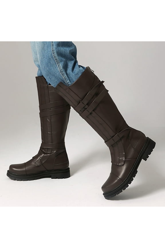 Womens Knee High Combat Boots Round Toe Lug Sole Faux Leather Multi Strap Buckle Street Outdoor Fashion Boots Brown Size US6.5