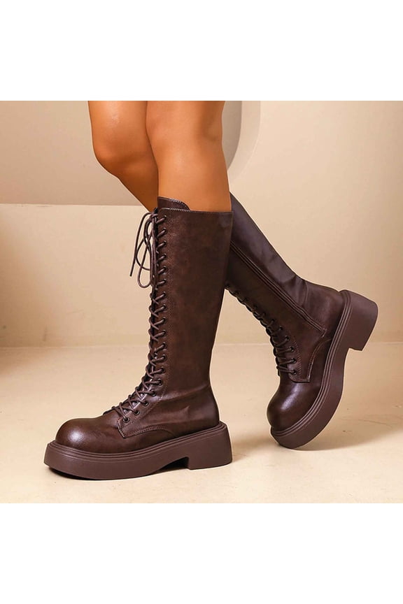Womens Knee High Combat Boots Round Toe Platform Lug Sole Faux Leather Front Lace Up Side Zipper Punk Street Fashion Boots Brown Size 8.5