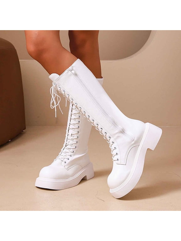Womens Knee High Combat Boots Round Toe Platform Lug Sole Faux Leather Front Lace Up Side Zipper Punk Street Fashion Boots White Size 8.5